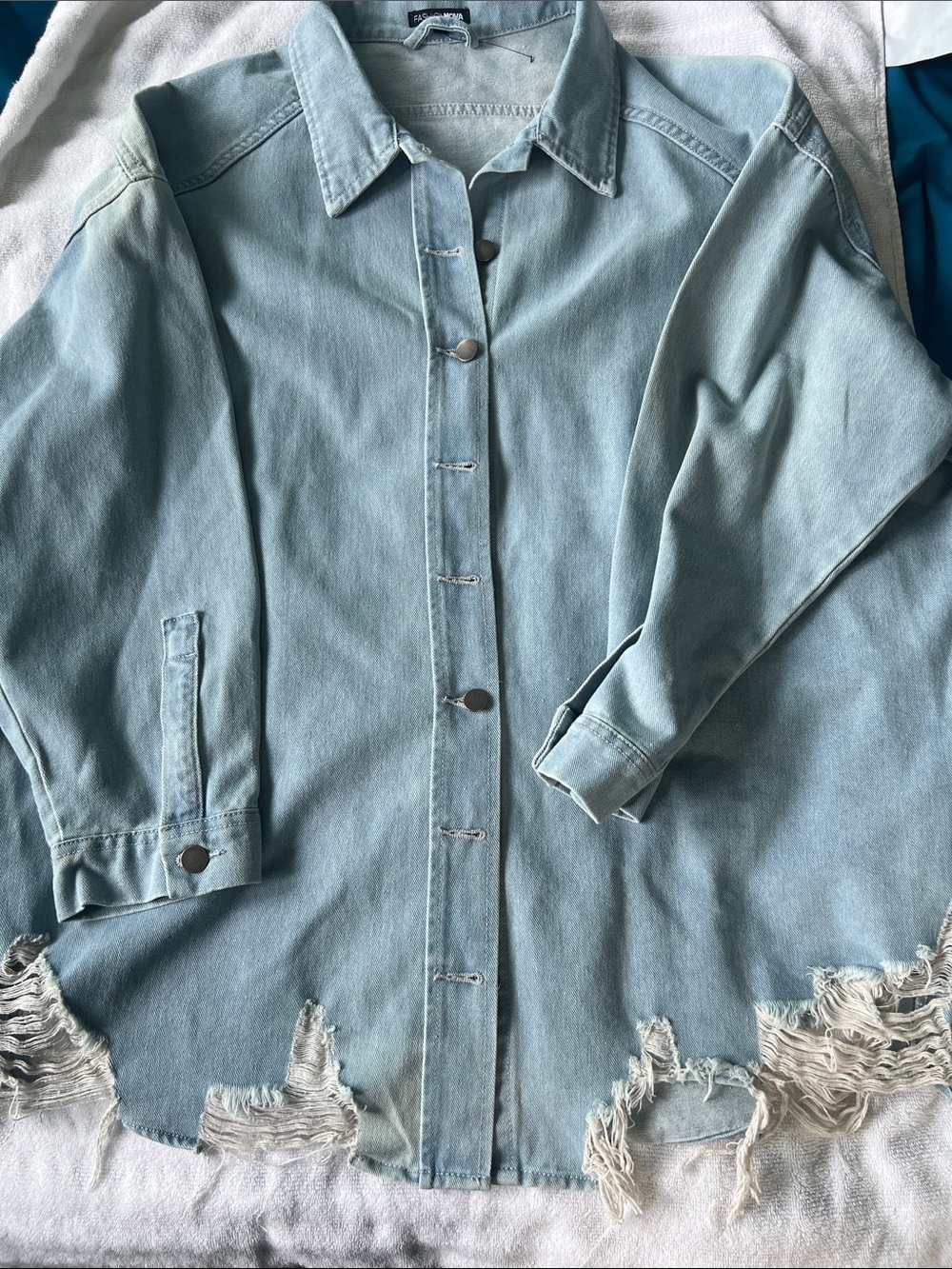 Fashion Nova  Oversized Light Blue Distressed Denim Shacket - Women's Medium